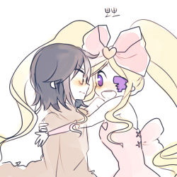 Rule 34 | 10s, 2girls, bad id, bad pixiv id, black hair, blonde hair, blue eyes, blush, bow, cloak, dress, drill hair, eye contact, eyepatch, hair bow, harime nui, heart, imminent hug, kill la kill, korean text, long hair, looking at another, matoi ryuuko, multicolored hair, multiple girls, pink bow, pink dress, short hair, si (ekthf0106), sidelocks, simple background, smile, twin drills, twintails, two-tone hair, very long hair, white background