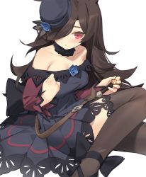 Rule 34 | 1girl, bare shoulders, black dress, black footwear, black hair, black hat, blue flower, blue rose, blush, breasts, brown thighhighs, closed mouth, commentary request, dagger, dress, eyebrows hidden by hair, feet out of frame, flower, hair over one eye, hand up, hat, hat flower, kildir, knife, long hair, long sleeves, looking at viewer, off-shoulder dress, off shoulder, red eyes, rice shower (umamusume), rose, shoes, simple background, sitting, sleeves past wrists, small breasts, solo, thighhighs, tilted headwear, umamusume, very long hair, weapon, white background