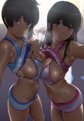 Rule 34 | 2girls, akagi (kancolle), arm up, armpits, backlighting, bikini, bikini shorts, bikini top only, blurry, breast press, breasts, brown eyes, brown hair, cleavage, closed mouth, clothes lift, commentary request, contrapposto, covered erect nipples, cowboy shot, depth of field, hand on own chest, head tilt, highres, kaga (kancolle), kantai collection, large breasts, lifted by self, long hair, looking at viewer, medium hair, midriff, multiple girls, navel, pink bikini, shiny skin, shirt lift, short shorts, shorts, side ponytail, sideboob, sidelocks, smile, sweat, swimsuit, symmetrical docking, tan, tank top, wa (genryusui), white bikini