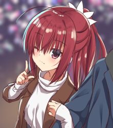 Rule 34 | 1girl, 8kumagawa (log), absurdres, ahoge, blurry, blurry background, blush, brown coat, coat, eyelashes, flower, hair between eyes, hair flower, hair ornament, highres, index finger raised, locked arms, long hair, looking at viewer, noble works, one eye closed, outdoors, ponytail, red eyes, red hair, sanjou makoto, shirt, sidelocks, sleeves past wrists, smile, solo, wavy mouth, white shirt