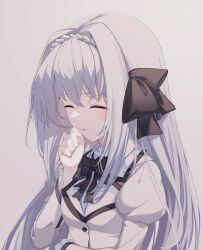 Rule 34 | 1girl, ^ ^, artist name, black bow, black bowtie, blue bow, blush, bow, bowtie, braid, breasts, closed eyes, coffee1223, commentary, crossed bangs, crown braid, frilled sleeves, frills, grey background, hair bow, hair intakes, hand up, highres, juliet sleeves, laughing, long hair, long sleeves, parted lips, puffy sleeves, sakurakouji luna, school uniform, sidelocks, simple background, small breasts, smile, solo, straight hair, tsuki ni yorisou otome no sahou, very long hair