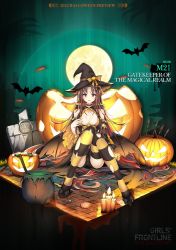Rule 34 | 1girl, artist name, bat (animal), black hat, breasts, brown hair, candle, candy, character name, cleavage, commentary, copyright name, detached sleeves, english commentary, food, full moon, girls&#039; frontline, hat, highres, jack-o&#039;-lantern, lollipop, long hair, looking at viewer, m21 (gatekeeper of the magical realm) (girls&#039; frontline), m21 (girls&#039; frontline), medium breasts, moon, multicolored hair, official alternate costume, official art, open mouth, promotional art, pumpkin, red eyes, red hair, sitting, solo, striped clothes, striped thighhighs, swirl lollipop, thighhighs, torn clothes, torn thighhighs, two-tone hair, witch hat