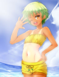 Rule 34 | 1girl, ;d, baka to test to shoukanjuu, bandeau, beach, day, covered erect nipples, flat chest, ge-ha, green hair, kudou aiko, navel, one eye closed, open mouth, short hair, shorts, smile, solo, tan, tanline, wink