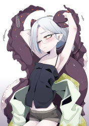 Rule 34 | 1girl, armpits, arms up, black camisole, camisole, closed mouth, glasses, gradient background, grey hair, highres, low ponytail, midriff, monster girl, ogami kazuki, one eye closed, orange eyes, original, parted bangs, pointy ears, round eyewear, sanpaku, scylla, scylla (ogami kazuki), short ponytail, short shorts, shorts, sleeveless, solo, spaghetti strap, stretching, tentacles, thick eyebrows