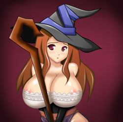 Rule 34 | 1girl, areola slip, bare shoulders, breasts, brown hair, cleavage, curvy, detached sleeves, dragon&#039;s crown, dress, hare (18862889), hat, highres, huge breasts, long hair, red eyes, solo, sorceress (dragon&#039;s crown), staff, strapless, strapless dress, upper body, vanillaware, weapon, witch, witch hat