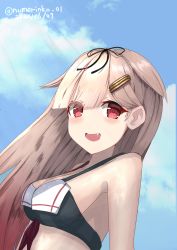 Rule 34 | 1girl, absurdres, alternate costume, bad id, bad twitter id, bikini, black ribbon, breasts, cloud, dated, eyes visible through hair, fang, gradient hair, hair flaps, hair ornament, hair ribbon, hairclip, highres, kantai collection, light brown hair, long hair, looking at viewer, medium breasts, multicolored hair, numarinko, open mouth, red eyes, red hair, ribbon, sailor bikini, sailor collar, sky, smile, solo, straight hair, swimsuit, yuudachi (kancolle)
