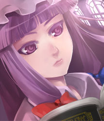 Rule 34 | 1girl, bad id, bad pixiv id, blunt bangs, book, colored eyelashes, eyelashes, female focus, hat, hitoto, lips, long hair, nose, patchouli knowledge, portrait, purple eyes, purple hair, solo, symbol-shaped pupils, touhou