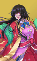 Rule 34 | 1girl, bamboo print, blunt bangs, breasts, brooch, collared shirt, commentary request, egasumi, eyeshadow, gem, gold trim, green gemstone, highres, hime cut, houraisan kaguya, japanese clothes, jewelry, kimono, large breasts, leaf print, lips, long hair, long skirt, long sleeves, looking to the side, makeup, open mouth, pink kimono, purple eyes, re (re 09), red eyeshadow, red sash, sash, shirt, sidelocks, simple background, skirt, solo, teeth, touhou, upper body, upper teeth only, white shirt, yellow background