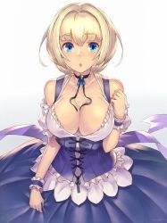Rule 34 | 1girl, bare shoulders, blush, breasts, choker, cleavage, collarbone, corset, dirndl, german clothes, gradient background, hair intakes, highres, large breasts, looking at viewer, open mouth, original, short hair, simple background, skirt, solo, takamine nadare, white background, wrist cuffs