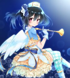 Rule 34 | 1girl, angel wings, argyle, argyle clothes, argyle legwear, black hair, blue background, blue bow, blue ribbon, blurry, blush, bokeh, bow, depth of field, frilled skirt, frills, gloves, hair between eyes, hair bow, hat, highres, holding, holding instrument, horn (instrument), instrument, invisible chair, kishikino, looking back, love live!, love live! school idol festival, love live! school idol project, red eyes, ribbon, sitting, skirt, smile, solo, thighhighs, twintails, white gloves, wings, yazawa nico