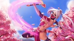 Rule 34 | 1girl, akali, alternate costume, alternate eye color, alternate hair color, blue eyes, breasts, cherry blossoms, cleavage, day, dual wielding, hair bun, hair ornament, hair stick, heart, highres, holding, iury padilha, kama (weapon), large breasts, league of legends, long hair, looking at viewer, mask, mouth mask, ninja, pelvic curtain, petals, ponytail, sickle, silver hair, single hair bun, solo, thigh strap, thighhighs