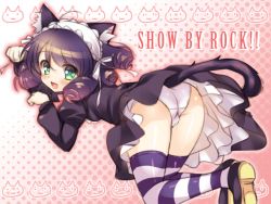 Rule 34 | 10s, 1girl, animal ears, animal print, ass, black hair, blush, cat ears, cat print, cat tail, copyright name, crotch seam, curly hair, cyan (show by rock!!), dress, from behind, gothic lolita, green eyes, juliet sleeves, lolita fashion, long hair, long sleeves, looking at viewer, looking back, maid headdress, open mouth, petticoat, polka dot, polka dot background, puffy sleeves, ringlets, shoes, show by rock!!, smile, solo, striped clothes, striped thighhighs, sukoyaka gyuunyuu, tail, thighhighs, trefoil, wallpaper