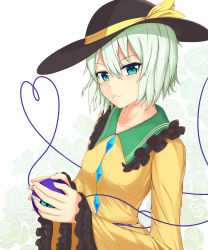 Rule 34 | 1girl, aqua eyes, bad id, bad pixiv id, black hat, blush, breasts, closed mouth, collarbone, eyeball, frilled shirt collar, frilled sleeves, frills, from side, green hair, hair between eyes, hat, hat ribbon, heart, heart of string, highres, komeiji koishi, long sleeves, looking at viewer, looking to the side, nekoda (maoda), ribbon, short hair, small breasts, solo, third eye, touhou, upper body, wide sleeves, yellow ribbon