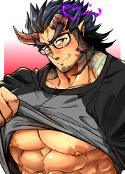 Rule 34 | 1boy, abs, alternate costume, bara, beard, blue hair, blush, clothes lift, clothes pull, dark blue hair, demon boy, facial hair, fang, fiery horns, glasses, horns, large pectorals, long sideburns, male focus, muscular, nipples, pectorals, scar, shirt lift, shirt pull, sideburns, simple background, solo, stubble, sugo6969, takemaru (housamo), thick eyebrows, tokyo houkago summoners, upper body