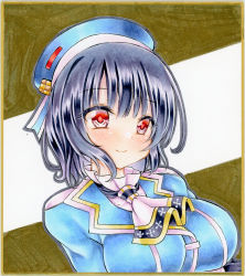 Rule 34 | 1girl, arms under breasts, black hair, blue jacket, blush, breasts, commentary request, graphite (medium), hair between eyes, highres, jacket, kantai collection, looking at viewer, marker (medium), medium breasts, military, military uniform, neckerchief, nekofish666, red eyes, short hair, smile, solo, takao (kancolle), traditional media, uniform