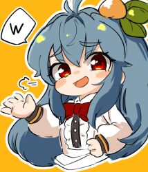 Rule 34 | 1girl, puff of air, antenna hair, blue hair, blush, bow, bowtie, center frills, commentary request, food-themed hair ornament, frills, hair ornament, hinanawi tenshi, long hair, looking at viewer, open mouth, orange background, outline, peach hair ornament, red bow, red bowtie, red eyes, simple background, solo, speech bubble, touhou, uisu (noguchipint), upper body, white outline