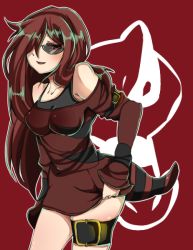 Rule 34 | 10s, 1girl, bare shoulders, belt, creatures (company), dress, dual persona, game freak, gen 5 pokemon, hair over one eye, krookodile, long hair, nintendo, personification, pokemon, pokemon bw, red dress, red eyes, red hair, shirt, sleeves past wrists, smile, striped clothes, striped shirt, sunglasses, tail