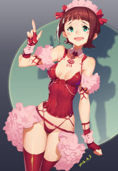 Rule 34 | 10s, 1girl, 2016, alternate costume, amami haruka, breasts, brown hair, cleavage, codename47, covered navel, dated, fingerless gloves, gloves, green eyes, idolmaster, idolmaster (classic), index finger raised, looking at viewer, open mouth, panties, red gloves, red panties, red thighhighs, short hair, smile, solo, thighhighs, underwear