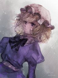 Rule 34 | 1girl, black bow, blonde hair, bow, bowtie, collared dress, dated, dress, hat, long sleeves, maribel hearn, mob cap, mochacot, puffy long sleeves, puffy sleeves, purple dress, purple eyes, sash, short hair, signature, solo, touhou, upper body, wavy hair, white hat, white sash