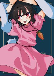 Rule 34 | 1girl, :d, animal ears, arms up, blue background, brown hair, carrot necklace, commentary, contrapposto, cowboy shot, dress, eyebrows hidden by hair, floppy ears, hair between eyes, highres, inaba tewi, jewelry, looking at viewer, myuga66666, necklace, one-hour drawing challenge, open mouth, pink dress, puffy short sleeves, puffy sleeves, rabbit ears, rabbit tail, red eyes, short hair, short sleeves, signature, simple background, smile, solo, tail, touhou