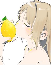 Rule 34 | 1girl, absurdres, blush, bouen, closed eyes, food, fruit, grey hair, highres, holding, holding food, holding fruit, lemon, long hair, nude, original, simple background, solo, upper body, water drop, white background