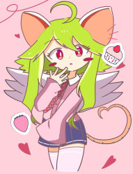 Rule 34 | 1girl, ahoge, animal ears, blush stickers, food, fruit, green hair, highres, mad rat dead, mouse (animal), mouse ears, mouse girl, mouse tail, muffin, nippon ichi, rat god, red eyes, skirt, strawberry, tail, wings