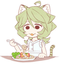 Rule 34 | 10s, 1girl, :3, ahoge, animal ears, blonde hair, brown hair, commentary request, elfnein, food, fork, jitome, long hair, murakami hisashi, noodles, salad, senki zesshou symphogear, solid circle eyes, solo, tail, tiger ears, tiger tail