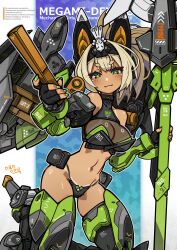 Rule 34 | 1girl, armored boots, bikini, black bikini, blonde hair, boots, breasts, fingerless gloves, gloves, green eyes, halterneck, hand fan, high ponytail, highres, holding, holding weapon, looking at viewer, mecha musume, mechanical ears, medium breasts, medium hair, megami device, nancou (nankou), navel, solo, standing, swimsuit, tan, tanline, weapon