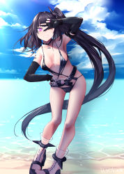 Rule 34 | 1girl, architect (girls&#039; frontline), architect (nvw model) (girls&#039; frontline), belt, black hair, black one-piece swimsuit, blue sky, breasts, cloud, cloudy sky, collarbone, elbow gloves, girls&#039; frontline, gloves, grin, hand on own hip, highres, long hair, looking at viewer, medium breasts, mishima hiroji, nail polish, navel, one-piece swimsuit, one eye closed, partially fingerless gloves, pink eyes, pink nails, side ponytail, sky, smile, solo, standing, swimsuit, very long hair, w