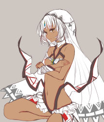 Rule 34 | 10s, 1girl, absurdres, altera (fate), bare shoulders, blush, breasts, covering privates, covering breasts, dark-skinned female, dark skin, detached sleeves, fate/extella, fate/extra, fate (series), grey background, highres, navel, nipples, pleasure mussel, revealing clothes, short hair, simple background, sitting, solo, veil, white hair, yellow eyes