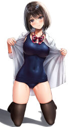 Rule 34 | 1girl, black hair, black thighhighs, blush, breasts, brown eyes, closed mouth, collarbone, collared shirt, commentary request, covered navel, hair between eyes, highres, kneeling, looking at viewer, medium breasts, medium hair, old school swimsuit, open clothes, open shirt, original, school swimsuit, school uniform, shirt, simple background, solo, swimsuit, swimsuit under clothes, thighhighs, uniform, white background, white shirt, yukemuriganmo