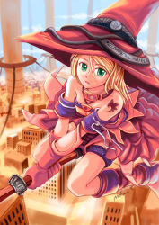 Rule 34 | blonde hair, boots, broom, city, gloves, green eyes, hat, original, tattoo, witch, witch hat