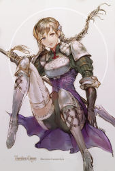 Rule 34 | 1girl, armor, artdink, boots, braid, gloves, grey eyes, grey hair, long hair, polearm, ravness loxaerion, solo, spear, tactics ogre, thigh boots, thighhighs, tomatika, twin braids, weapon