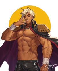 Rule 34 | 1boy, abs, artist name, bandaged arm, bandages, bara, bare pectorals, biceps, blood, breasts, chain, collared jacket, ear piercing, earrings, hand on own face, jacket, jewelry, jin (sirius-j), large breasts, large pectorals, leather, leather pants, long sideburns, male focus, manly, mature male, muscular, muscular male, navel, necklace, nipples, open clothes, open jacket, original, pants, pectorals, piercing, red eyes, scar, scar on arm, scar on face, scar on stomach, shoulder pads, sideburns, smirk, solo, spiked hair, tan, teeth, white hair