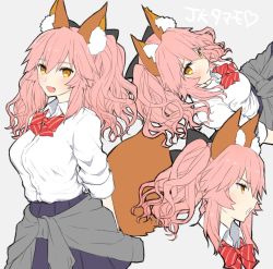 Rule 34 | 10s, 1girl, animal ear fluff, animal ears, bad id, bad twitter id, blush, commentary request, fate/extra, fate (series), fox ears, fox tail, hair between eyes, highres, ito (silk9f), long hair, looking at viewer, multiple views, official alternate costume, open mouth, pink hair, school uniform, serafuku, skirt, smile, tail, tamamo (fate), tamamo no mae (fate/extra), tamamo no mae (jk) (fate), twintails, white background, yellow eyes