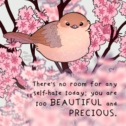 Rule 34 | animal, animal focus, animal request, artist name, bird, bird request, blush, cherry blossoms, english text, flower, in tree, looking at viewer, no humans, original, pink flower, signature, thelatestkate, tree