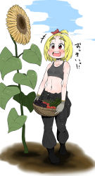 Rule 34 | 1girl, alternate hairstyle, basket, blonde hair, blush, boots, breasts, clothes around waist, cucumber, eggplant, eyebrows, flower, food, forehead, gloves, high ponytail, highres, jumpsuit, navel, open mouth, red eyes, rumia, short hair, small breasts, smile, solo, sunflower, sweat, takeu, tank top, thick eyebrows, tomato, touhou, vegetable
