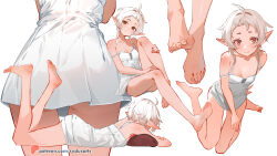 Rule 34 | 1girl, barefoot, camisole, feet, from behind, highres, legs, looking at viewer, lying, multiple views, mushoku tensei, off shoulder, on stomach, pointy ears, red eyes, shirt, simple background, sitting, sydus, sylphiette (mushoku tensei), thighs, toenails, toes, white background, white camisole, white shirt