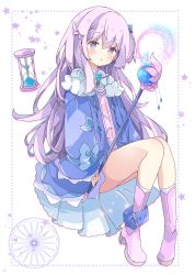 Rule 34 | 1girl, :o, blouse, blue jacket, blue skirt, boots, commentary, dotted line, hair between eyes, highres, holding, holding wand, hourglass, jacket, long hair, long sleeves, looking at viewer, open clothes, open jacket, orb, original, parted lips, pink footwear, pink shirt, purple eyes, purple hair, shirt, simple background, skirt, sleeves past wrists, socks, solo, star (symbol), starry background, symbol-only commentary, tsukiyo (skymint), very long hair, wand, white background, white socks, wide sleeves