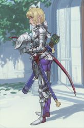 Rule 34 | 1boy, armor, ass, blue eyes, bow, bow (weapon), breastplate, helmet, highres, holding, holding helmet, knight, leaf, looking at viewer, mossacannibalis, original, pants, parted lips, pointy ears, purple pants, quiver, short hair, solo, sword, tree, weapon