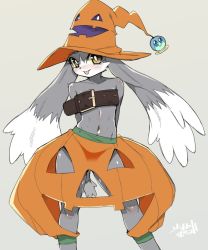 Rule 34 | 1boy, animal ears, arms behind back, blush, body fur, chest belt, commentary request, furry, furry male, grey background, grey fur, halloween, hat, kaze no klonoa, klonoa, looking at viewer, male focus, navel, orange hat, shourin bonzu, simple background, solo, standing, wizard hat, yellow eyes