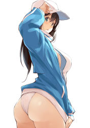 Rule 34 | 1girl, amamiya natsumi, arm up, ass, baseball cap, black hair, blue eyes, blush, breasts, cowboy shot, from side, hair between eyes, hand on headwear, hat, jacket, jacket tug, kekemotsu, large breasts, long hair, long sleeves, looking at viewer, one-piece swimsuit, open clothes, open jacket, open mouth, original, simple background, sleeves past wrists, solo, swimsuit, swimsuit under clothes, track jacket, turtleneck, white background, white one-piece swimsuit