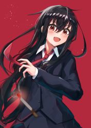 Rule 34 | 1girl, absurdres, black hair, black skirt, blazer, buttons, cigarette, hair between eyes, hatsushimo (kancolle), highres, jacket, kantai collection, long hair, long sleeves, low-tied long hair, neckerchief, open mouth, pleated skirt, red background, red eyes, red neckerchief, simple background, skirt, smile, solo, suzushi moruto, v-shaped eyebrows, very long hair