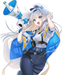 Rule 34 | 1girl, blonde hair, dog girl, dog tail, gloves, green eyes, grey hair, half gloves, hat, highres, holding, holding megaphone, id card, long hair, megaphone, multicolored hair, nijisanji, open mouth, pants, police, police hat, police uniform, policewoman, sakauri rk, shioriha ruri, shioriha ruri (1st costume), simple background, solo, tail, virtual youtuber, white background, white gloves