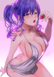 Rule 34 | 1girl, absurdres, ass, azur lane, backless dress, backless outfit, bare shoulders, blue hair, blue nails, blush, breasts, butt crack, cleavage, covered erect nipples, downpants, dress, earrings, food, fruit, hair between eyes, hair ornament, hairclip, halter dress, halterneck, highres, holding, holding food, jewelry, large breasts, looking at viewer, medium hair, nail polish, necklace, open mouth, pink eyes, plunging neckline, revealing clothes, side ponytail, sidelocks, silver dress, sitting, st. louis (azur lane), st. louis (luxurious wheels) (azur lane), strawberry, teltelhousi, twitter username