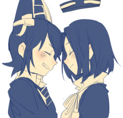 Rule 34 | 2girls, blush, closed eyes, d.y.x., facing another, from side, greyscale, grin, halo, headgear, kantai collection, mechanical halo, monochrome, multiple girls, necktie, profile, short hair, simple background, smile, tatsuta (kancolle), tenryuu (kancolle), upper body