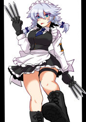 Rule 34 | 1girl, :p, apron, armband, between fingers, black gloves, blue eyes, blush, boots, braid, breasts, female focus, from below, gloves, harukatron, highres, holding, holding knife, izayoi sakuya, knife, knives between fingers, large breasts, legs, maid apron, maid headdress, necktie, silver hair, solo, thigh strap, tongue, tongue out, touhou, tsurime, twin braids, vest, wide hips