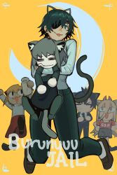 Rule 34 | 1boy, 3girls, = =, animal ears, black hair, black jacket, black necktie, black pants, blonde hair, carnival phantasm, cat ears, cat tail, chainsaw man, cigarette, closed eyes, collared shirt, commission, cosplay, eyepatch, formal, green eyes, grey hair, hair between eyes, hayakawa aki, hayakawa aki (cosplay), highres, himeno (chainsaw man), horns, hug, jacket, liowig, long hair, looking at another, looking at viewer, multiple girls, necktie, neco-arc, neco-arc chaos, neco spirit, pants, pilk, power (chainsaw man), power (chainsaw man) (cosplay), red horns, shirt, shirt tucked in, short hair, simple background, suit, suit jacket, tail, tongue, tongue out, white shirt, yellow background
