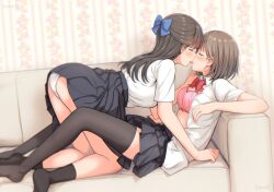 Rule 34 | 2girls, artist name, betock, black hair, black skirt, black socks, black thighhighs, blue bow, bow, bowtie, bra, breasts, brown hair, closed eyes, commentary request, couch, french kiss, hair bow, half updo, kiss, long hair, medium breasts, multiple girls, no shoes, on couch, open mouth, original, panties, pink bra, pleated skirt, red bow, red bowtie, school uniform, shirt, shirt tucked in, short hair, short sleeves, skirt, socks, spot color, sweat, thighhighs, tongue, tongue out, underwear, white panties, white shirt, yuri