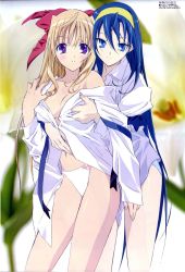 Rule 34 | 00s, 2girls, absurdres, bare legs, bare shoulders, blue eyes, blue hair, blush, bow, grabbing another&#039;s breast, breasts, couple, female focus, floral background, fujii maki, grabbing, grabbing from behind, hair between eyes, hair ribbon, hairband, highres, himemiya chikane, japanese clothes, kannazuki no miko, kurusugawa himeko, legs, light brown hair, long hair, long sleeves, looking at viewer, medium breasts, miko, multiple girls, official art, official wallpaper, open clothes, open shirt, panties, parted lips, purple eyes, red bow, red ribbon, ribbon, scan, scan artifacts, school uniform, shirt, smile, standing, thighhighs, underwear, undressing, very long hair, wallpaper, white panties, yellow hairband, yuri